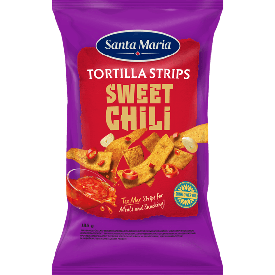 Foto van Santa Maria Tortilla strips sweet chili op witte achtergrond