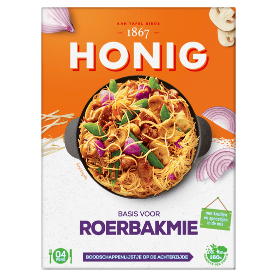 Foto van Honig Kruidenmix roerbakmie op witte achtergrond