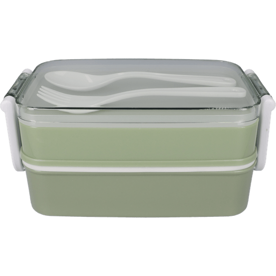 Foto van Lunchbox met lepel en vork op witte achtergrond