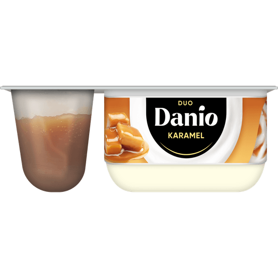 Foto van Danio Yoghurt duo met karamelsaus op witte achtergrond