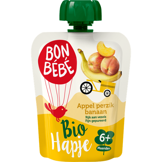 Foto van Bonbébé Biohapje 6+ maanden appel-perzik-banaan op witte achtergrond