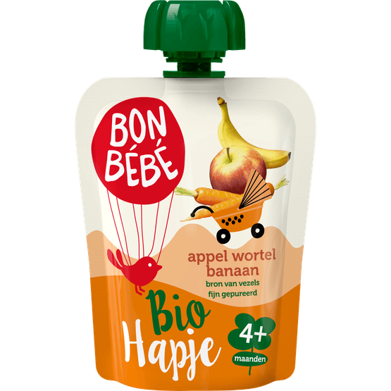Foto van Bonbébé Biohapje 6+ maanden appel-wortel-banaan op witte achtergrond