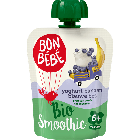 Foto van Bonbébé Smoothy bio yoghurt-banaan-blauwe bes op witte achtergrond