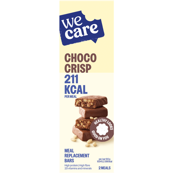 Foto van Wecare Maaltijdreep choco-crisp op witte achtergrond