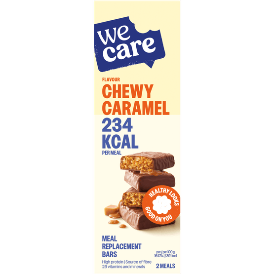 Foto van Wecare Maaltijdreep caramel op witte achtergrond