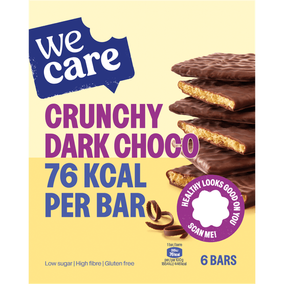 Foto van Wecare Lower kcal reep crunchy dark choco op witte achtergrond