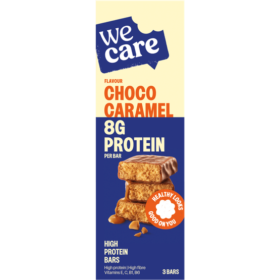 Foto van Wecare High protein reep choco caramel op witte achtergrond