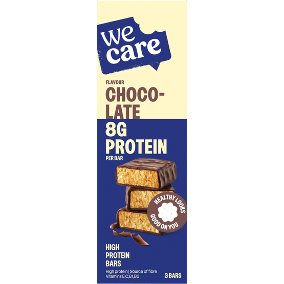 Foto van Wecare High protein reep chocolate op witte achtergrond