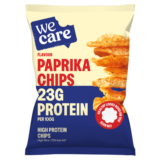 Foto van Wecare High protein chips paprika op witte achtergrond