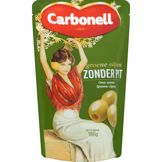 Foto van Carbonell Groene olijven zonder pit op witte achtergrond