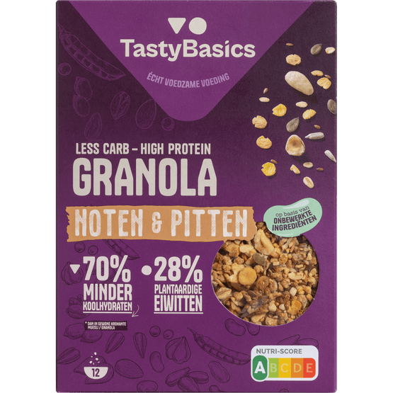 Foto van TastyBasics Granola noten en pitten op witte achtergrond