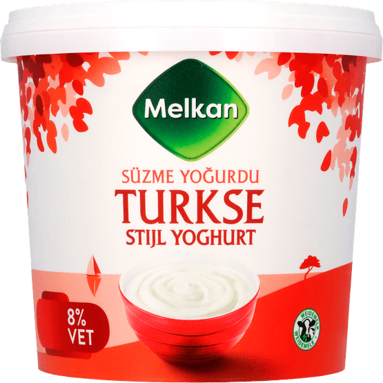 Foto van Melkan Yoghurt turkse stijl 8% vet op witte achtergrond