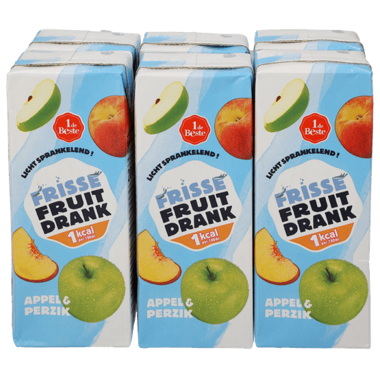 Foto van 1 de Beste Frisse fruitdrank appel perzik 1 kcal 6 stuks op witte achtergrond