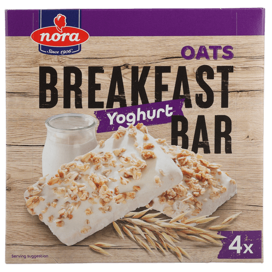 Foto van Nora Oats breakfast bar yoghurt op witte achtergrond