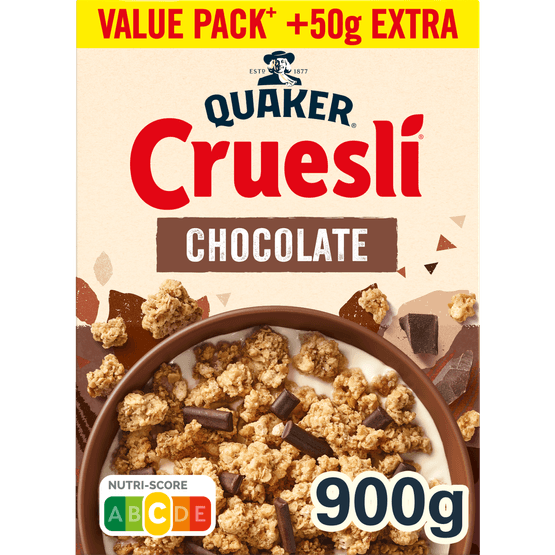 Foto van Quaker Cruesli chocolade op witte achtergrond