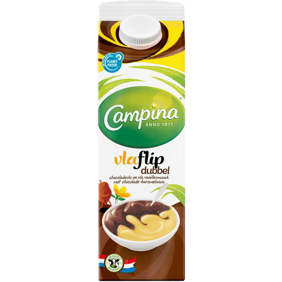 Foto van Campina Dubbelvlaflip chocolade vanille op witte achtergrond