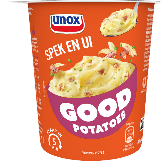 Foto van Unox Good potatoes spek met ui op witte achtergrond