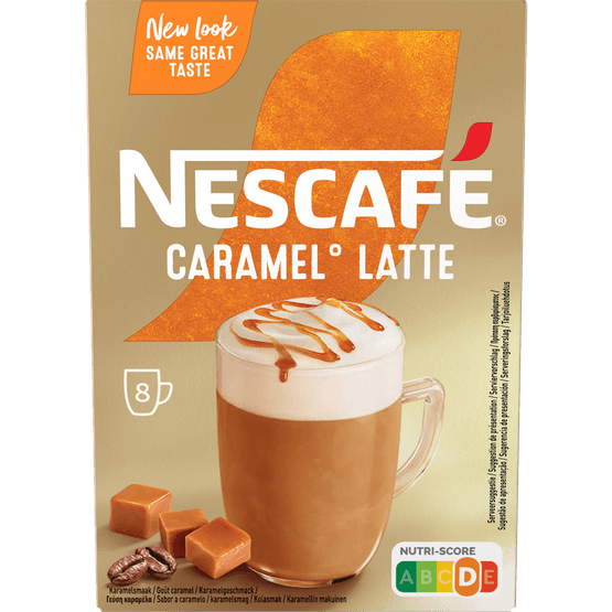 Foto van Nescafé Oploskoffie caramel latte 8 koppen op witte achtergrond