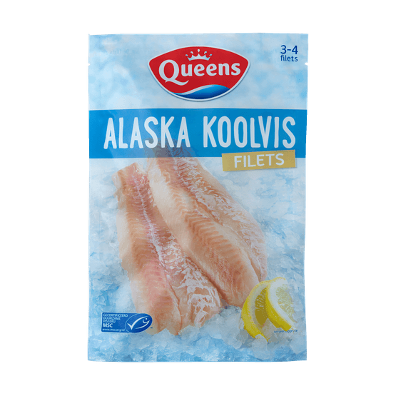 Foto van Queens Alaska koolvisfilet op witte achtergrond