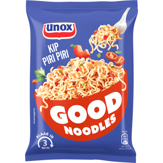 Foto van Unox Good noodles kip piri pir op witte achtergrond