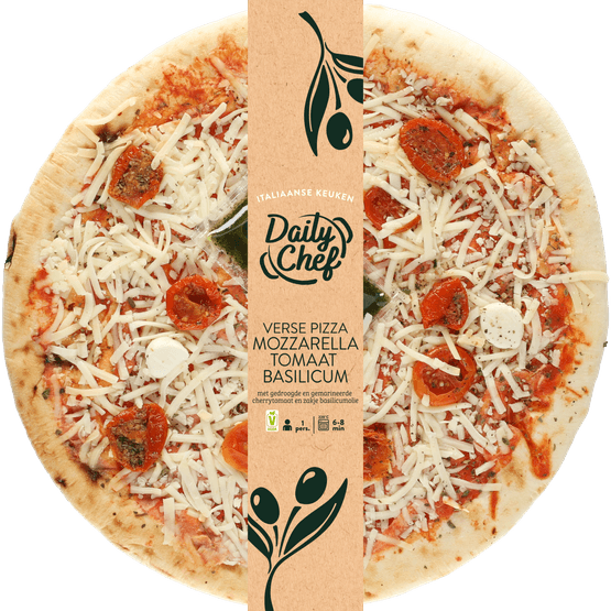 Foto van Daily Chef Pizza mozzarella basilicum op witte achtergrond