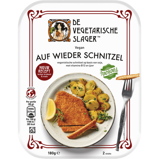 Foto van De Vegetarische Slager Auf wieder schnitzel op witte achtergrond