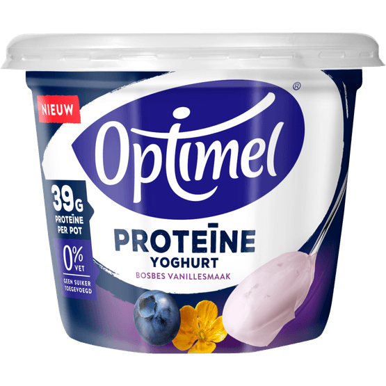 Foto van Optimel Yoghurt griekse stijl bosbes vanille protein op witte achtergrond