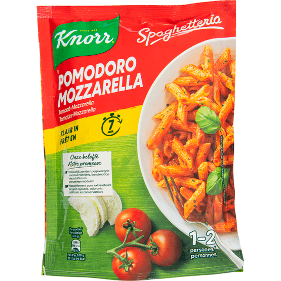 Foto van Knorr Spaghetteria tomato mozzarella op witte achtergrond