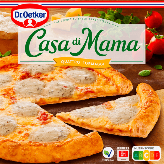 Foto van Dr. Oetker Casa di mama pizza quattro formaggi op witte achtergrond