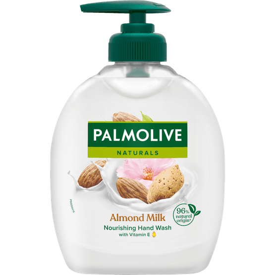 Foto van Palmolive Vloeibare zeep naturals amandel op witte achtergrond