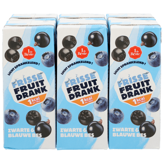 Foto van 1 de Beste Frisse fruitdrank zwart en blauwe bes 1kcal 6 st. op witte achtergrond