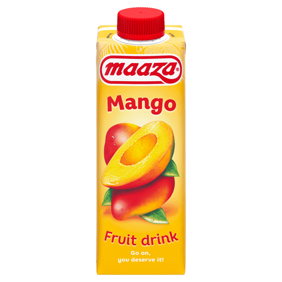 Foto van Maaza Mango drink op witte achtergrond