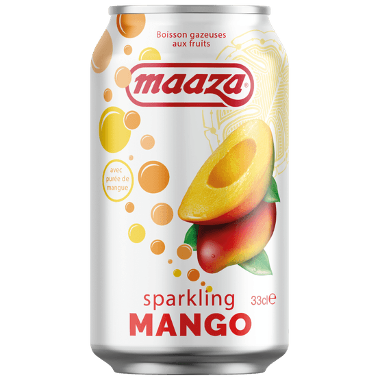 Foto van Maaza Sparkling mango op witte achtergrond