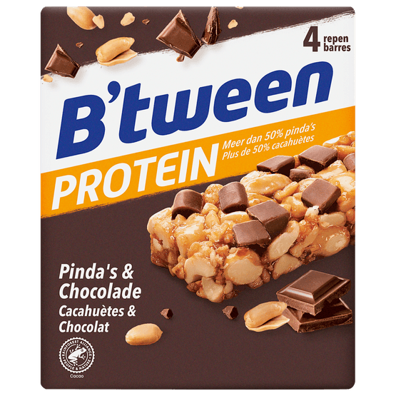 Foto van Hero Btween proteinreep pinda & chocolade 4 stuks op witte achtergrond