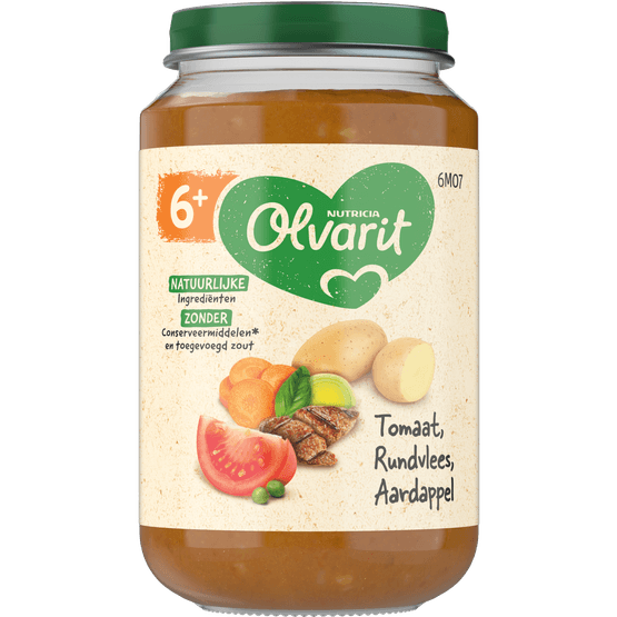 Foto van Olvarit 6+ Maanden Tomaat Rund Aardappel Wortel op witte achtergrond