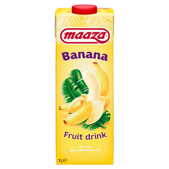Foto van Maaza Banana juice drink op witte achtergrond