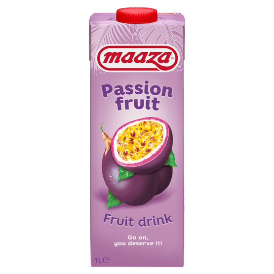 Foto van Maaza Passion fruit drink op witte achtergrond