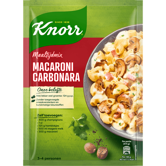 Foto van Knorr Kruidenmix macaroni carbonara op witte achtergrond