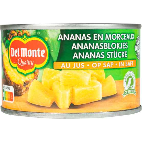 Foto van Del Monte Ananasblokjes op sap op witte achtergrond