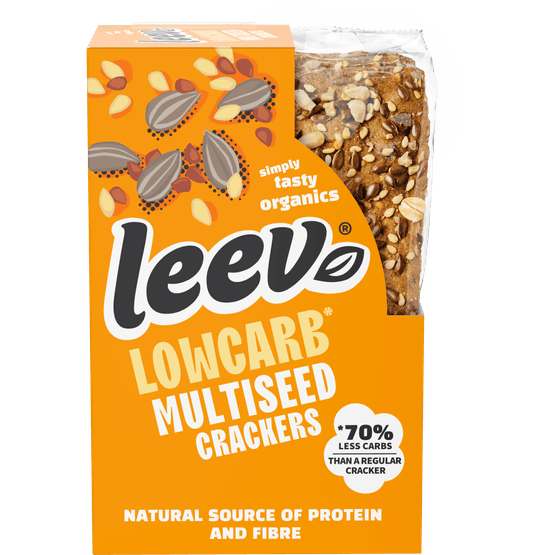 Foto van Leev Bio low-carb crackers multiseeds op witte achtergrond