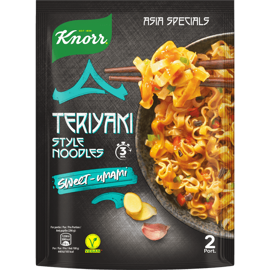 Foto van Knorr Asia specials noodles teriyaki op witte achtergrond