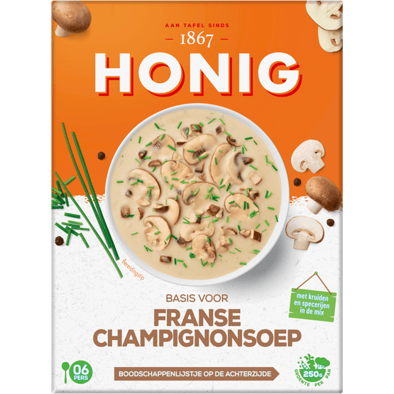 Foto van Honig Franse champignonsoep op witte achtergrond