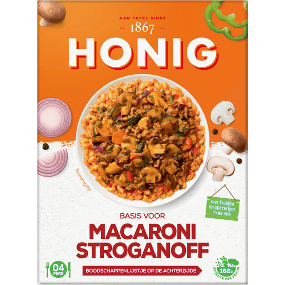 Foto van Honig Kruidenmix macaroni-stroganoff op witte achtergrond