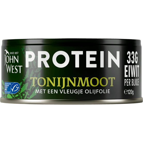 Foto van John West Protein tonijnmoot in olijfolie op witte achtergrond