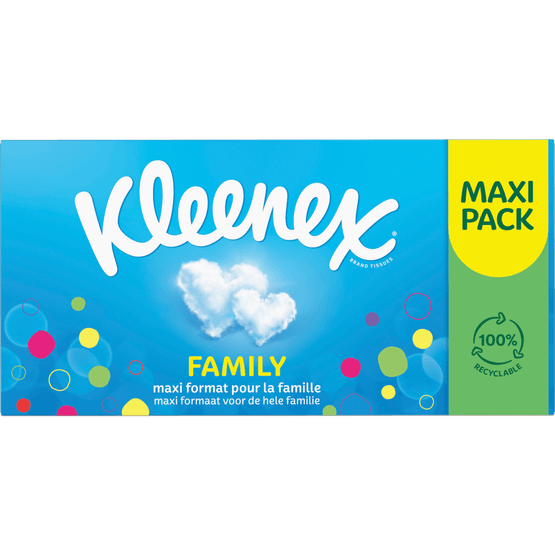 Foto van Kleenex Tissues family box op witte achtergrond