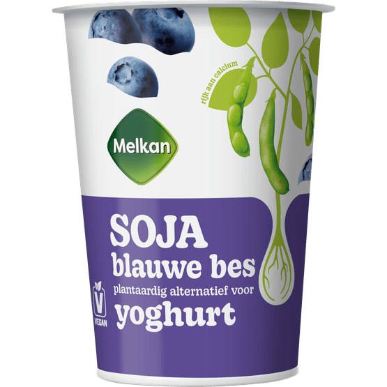 Foto van Melkan Plantaardige yoghurt soja bosbes op witte achtergrond