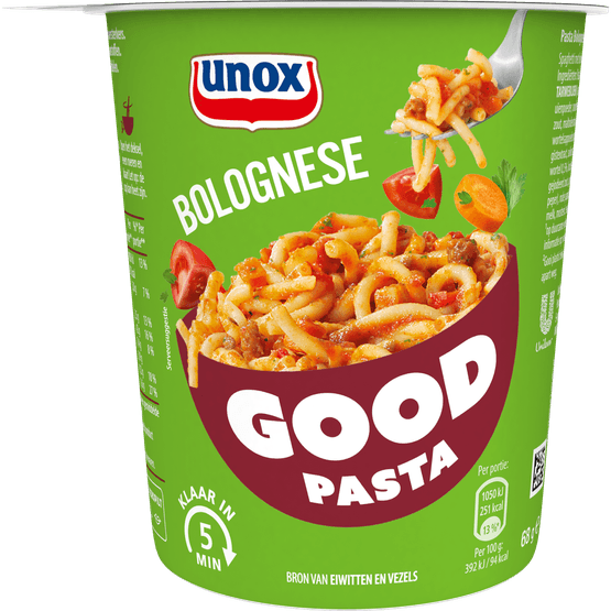 Foto van Unox Good pasta bolognese op witte achtergrond