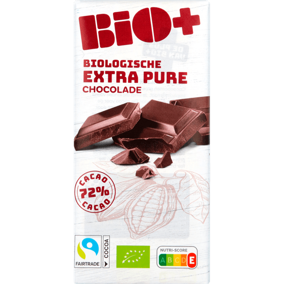 Foto van Bio+ Chocoladereep extra puur 72% cacao op witte achtergrond