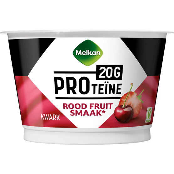 Foto van Melkan Proteine kwark rood fruit op witte achtergrond