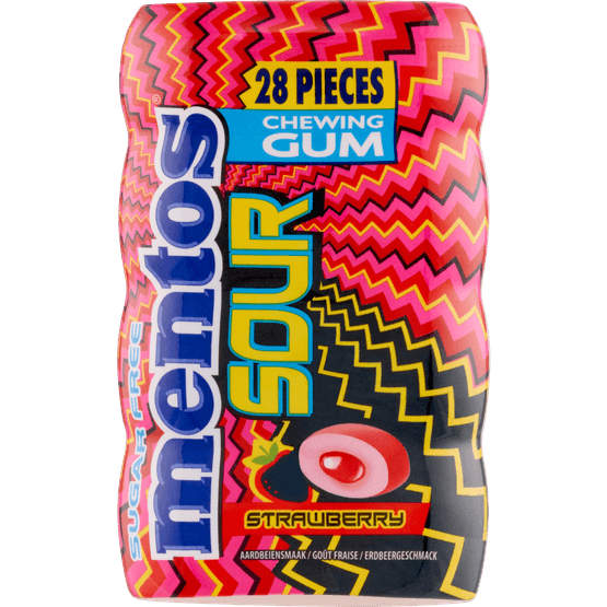 Foto van Mentos Sour gum strawberry 28 st. op witte achtergrond